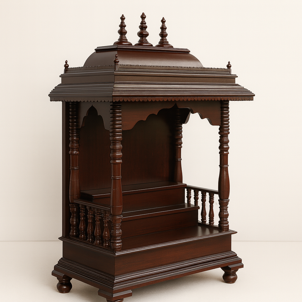 Sagwan Wooden Mandir for Home | Walnut Finish | Handcrafted Temple with Drawer Storage