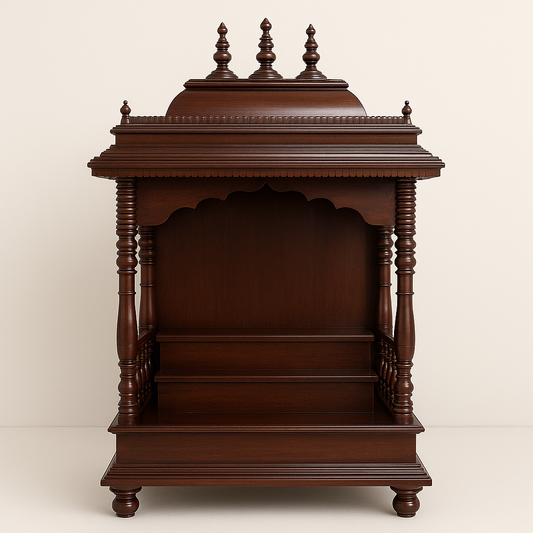 Sagwan Wooden Mandir for Home | Walnut Finish | Handcrafted Temple with Drawer Storage