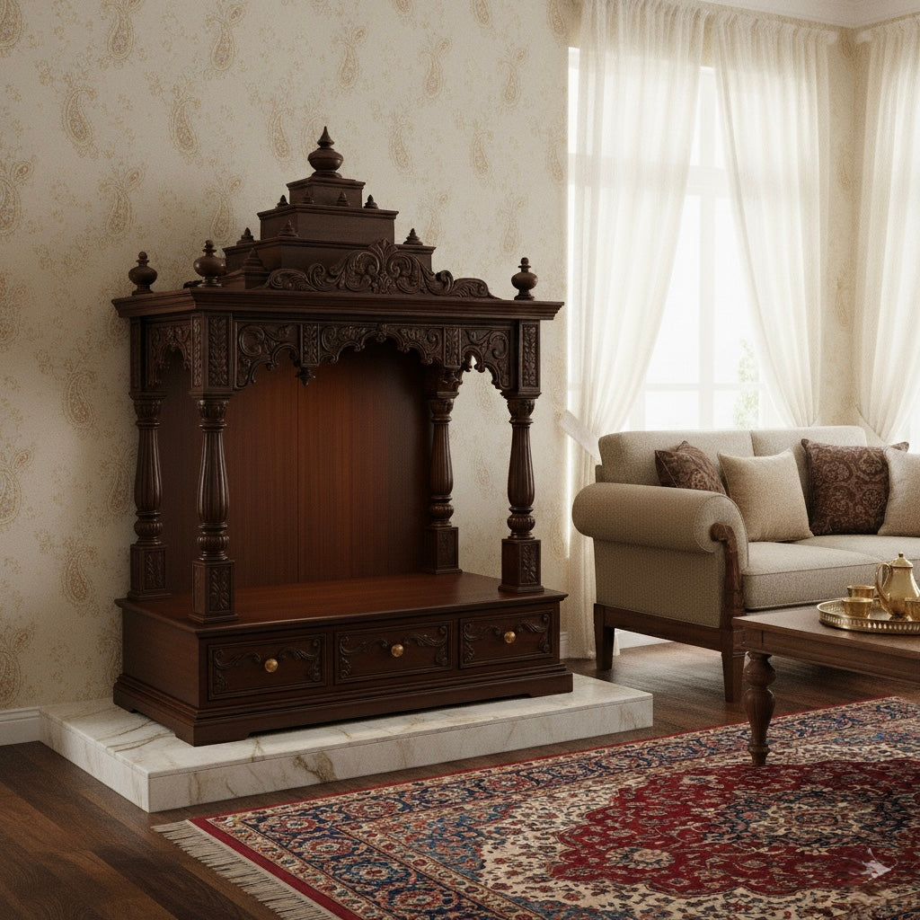 Sagwan Home Temple with Steps | Wooden Pooja Mandir | Traditional Carved Design