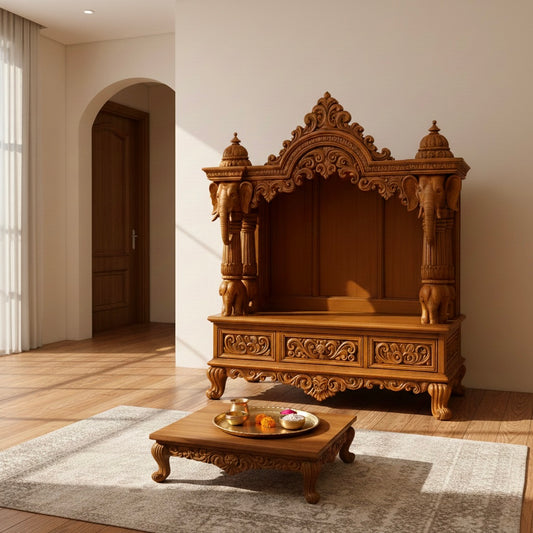 Sagwan  Wooden Temple with Artistic Carving | Storage Cabinate