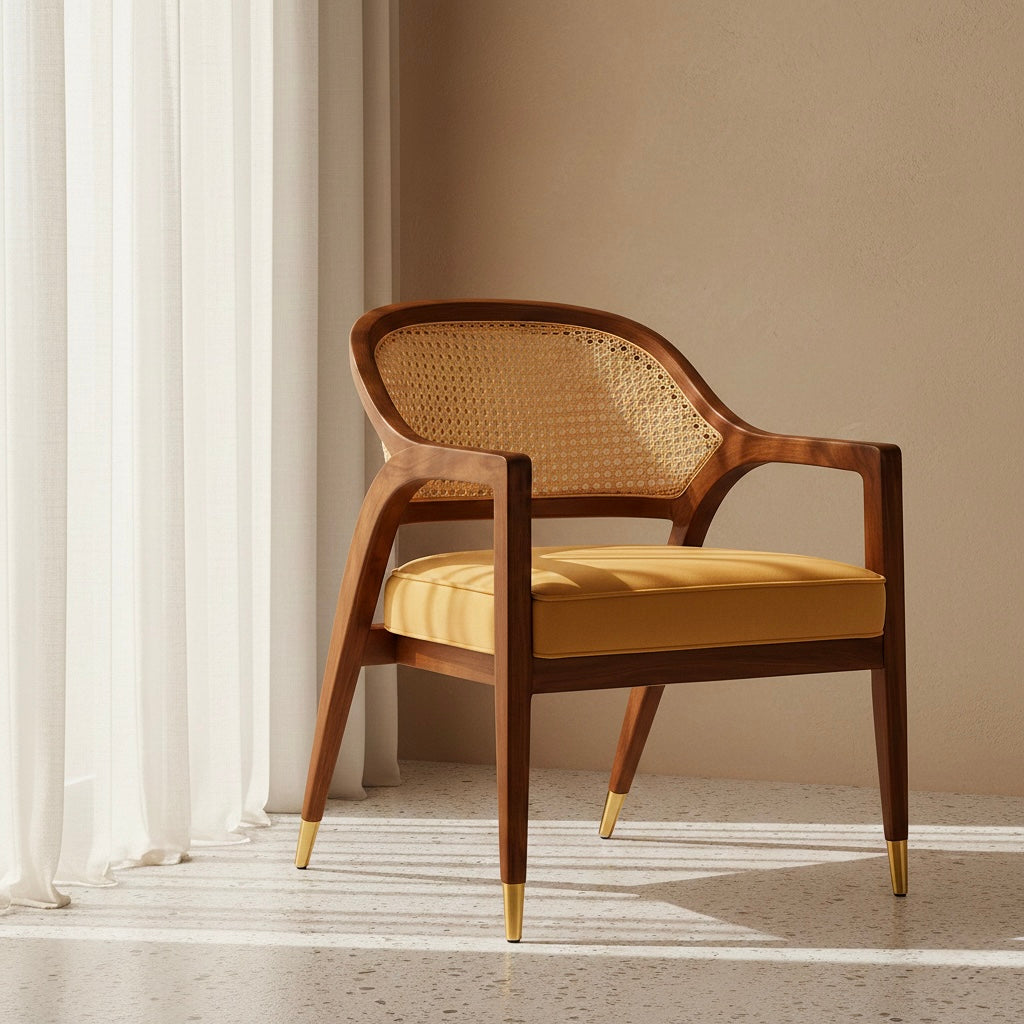 Modern Sheesham Accent Chair | Walnut Finish | Brass Highlights