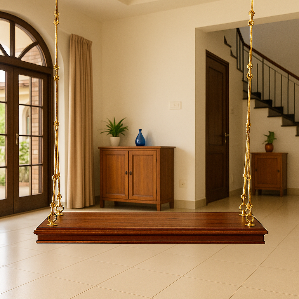 Wooden Swing for Home | Saagvan Wood | Brass Chains | Natural Finish