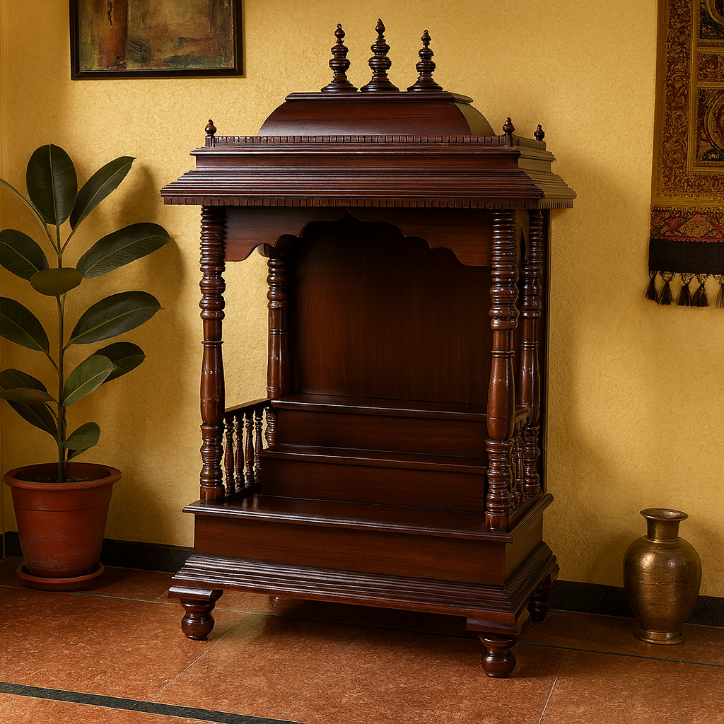 Sagwan Wooden Mandir for Home | Walnut Finish | Handcrafted Temple with Drawer Storage