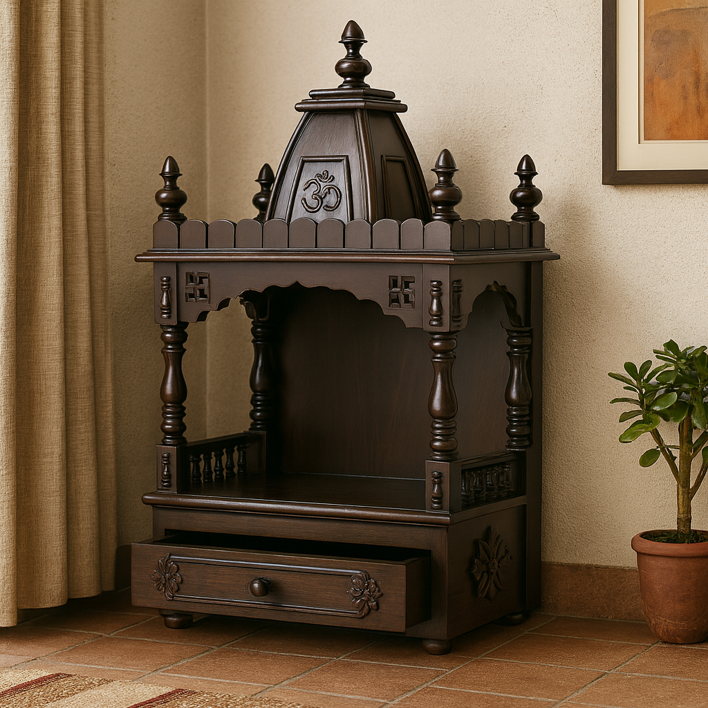 Handcrafted Saagwan Temple with Storage Drawer | Elegant Wooden Finish