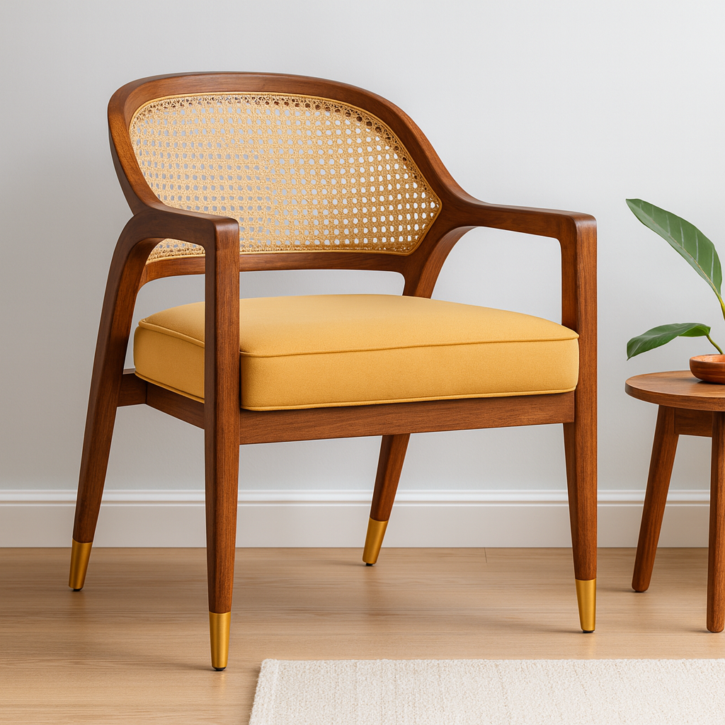 Modern Sheesham Accent Chair | Walnut Finish | Brass Highlights