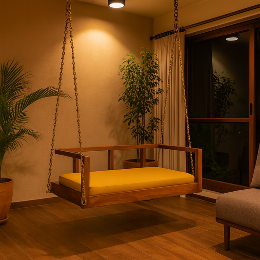 Handcrafted Wooden Swing for Indoors| Brass Detailing With Comfortable Cushion