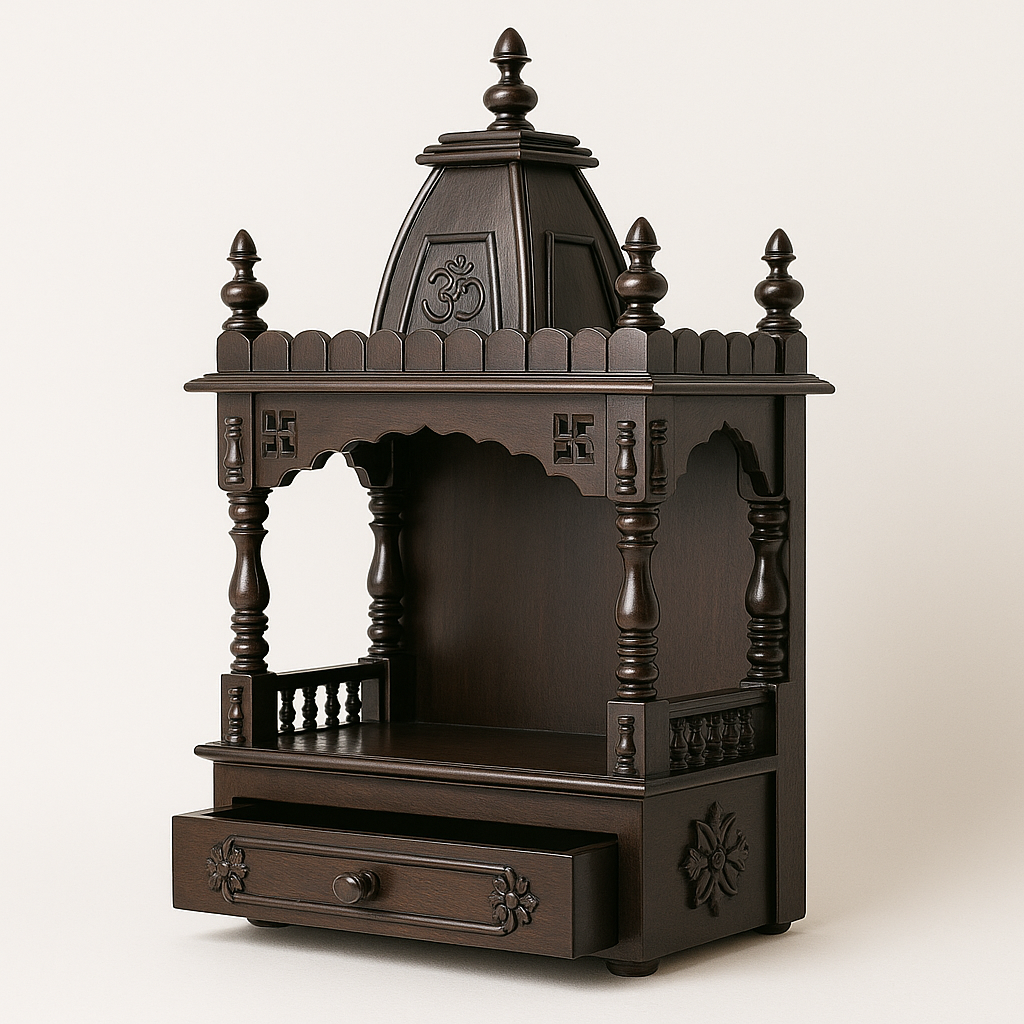 Handcrafted Saagwan Temple with Storage Drawer | Elegant Wooden Finish